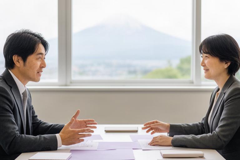 富士市の明るい会議室で経営者とコンサルタントが事業計画を確認する様子